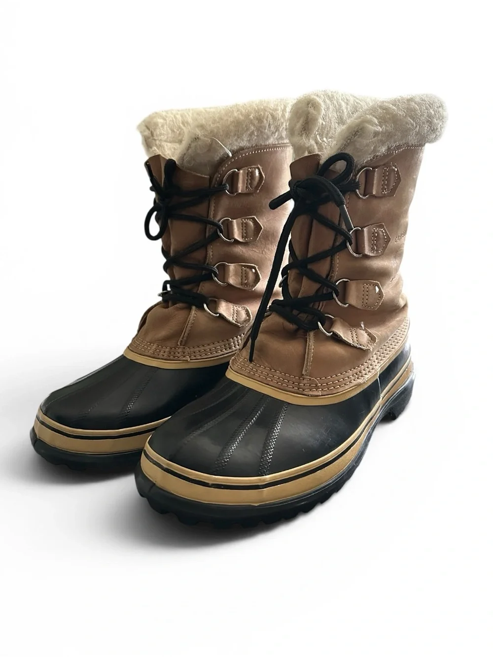 Sorel Men’s 9 Tan & Black Kaufman Canada Leather Wool Caribou Winter Snow Boot